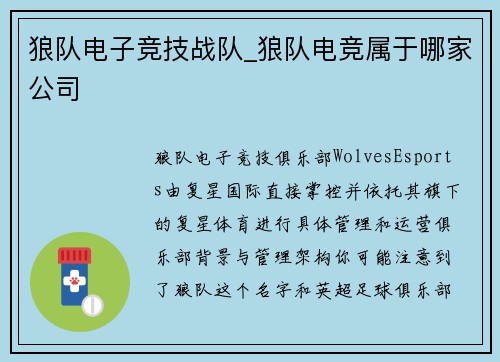 狼队电子竞技战队_狼队电竞属于哪家公司